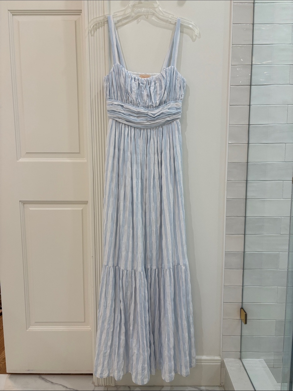 Mason’s Daughter - Striped Light Blue Maxi Dress with Ruched Bodice